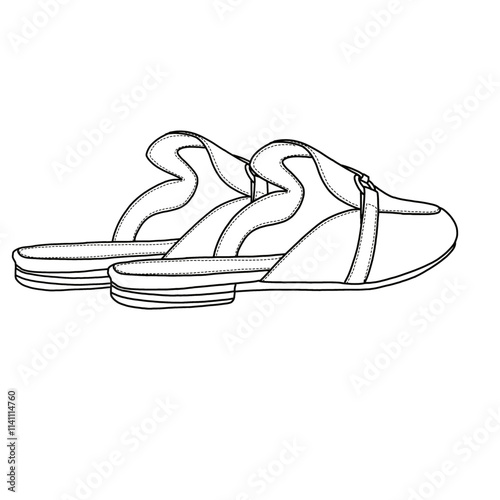 Women's Mules Flats Buckle Flats Comfortable Slip on Shoes Line art, Technical sketch hand drawing outline vector doodle rear view isolated on white background for coloring page