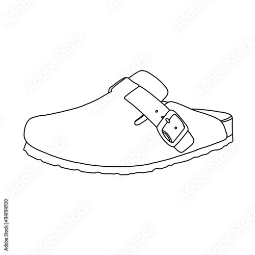 Women's Mules Arch Support Potato Shoes with Comfort Cork Footbed Line art, Technical sketch hand drawing outline vector doodle side view isolated on white background for coloring page
