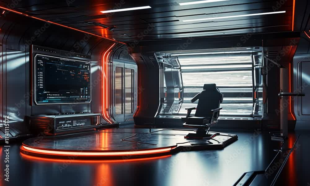 Futuristic spaceship bridge command center with a pilot seated at the controls.