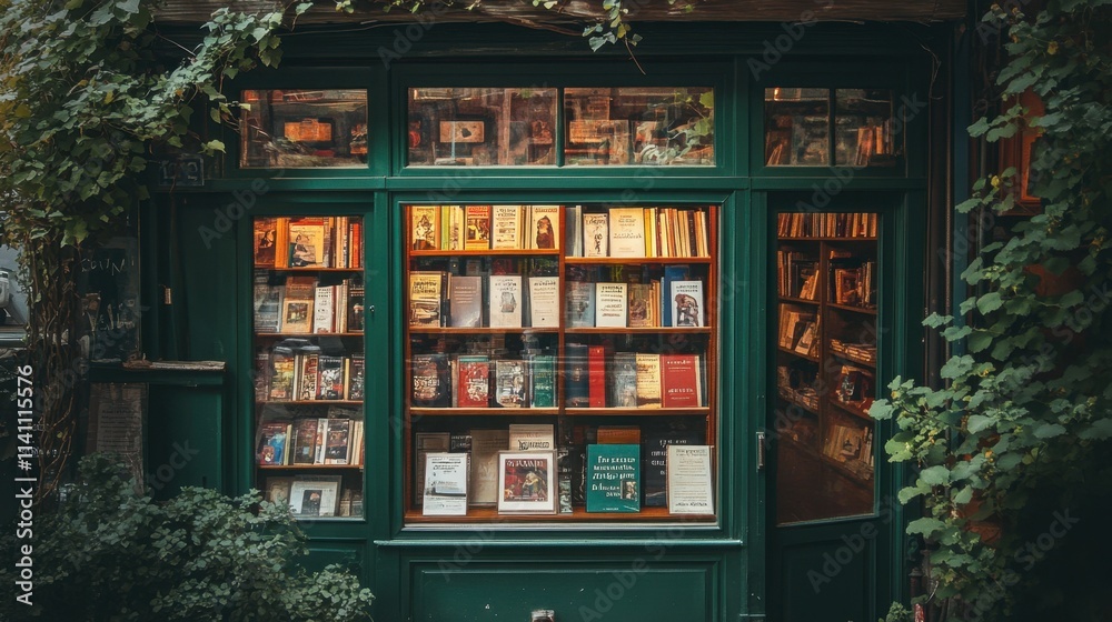 Charming Bookstore with Green Exterior and Inviting Display of Books Charming Bookstore with Green Exterior and Inviting Display of Books