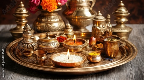 Traditional Indian Puja Setup with Silver Utensils and Ritual Items photo