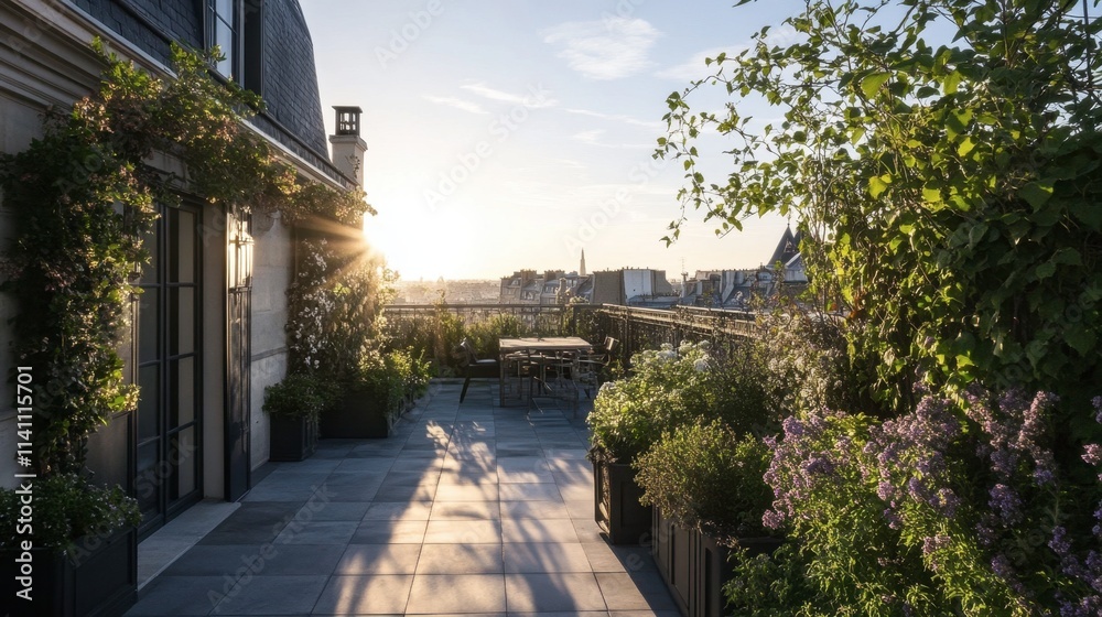 Serene Rooftop Garden at Sunset Overlooking Cityscape Serene Rooftop Garden at Sunset Overlooking Cityscape