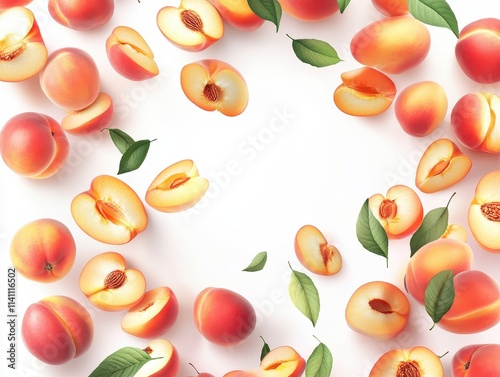 3d realistic illustration banner. Frame made of falling peaches and apples. Isolated on white background 