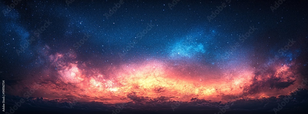 Naklejka premium A breathtaking view of a vibrant, star-filled night sky. Warm hues paint the clouds below, creating a magical, dreamlike atmosphere.