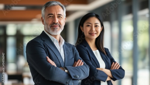 Happy And Confident Mature Latin Business Man And Asian Business Woman, Corporate Leaders And Managers Standing In Office. Diverse Colleagues Posing With Crossed Arms. Portrait Of Two Executives.