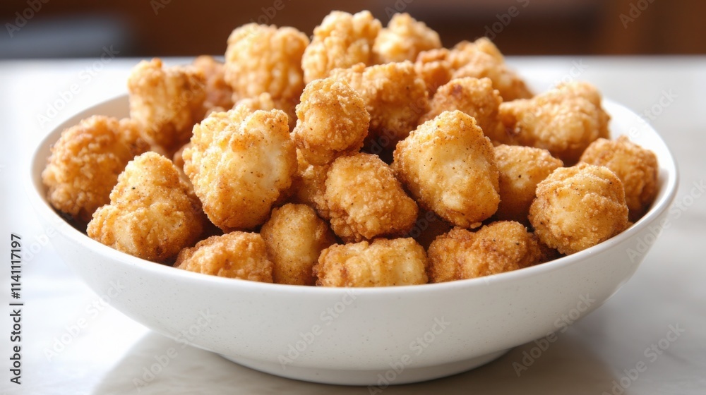 Crispy Coated Popcorn Chicken in White Bowl Crispy Coated Popcorn Chicken in White Bowl