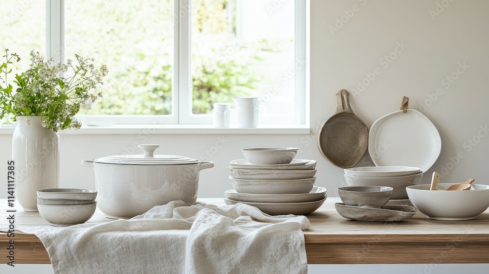 Elegant Kitchen Table Setting with Modern Tableware and Flowers Elegant Kitchen Table Setting with Modern Tableware and Flowers
