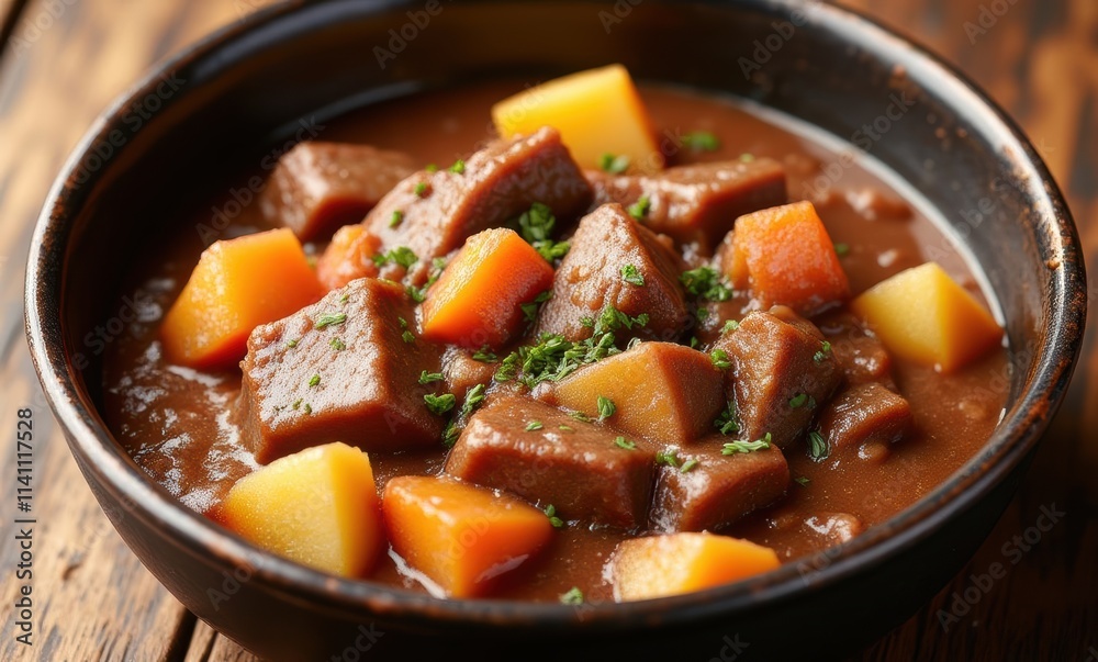 Savory beef stew with vegetables in bowl Savory beef stew with vegetables in bowl