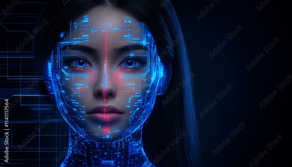 Futuristic Portrait, Young Woman with Glowing Circuits and Holographic Elements on her Face Futuristic Portrait, Young Woman with Glowing Circuits and Holographic Elements on her Face