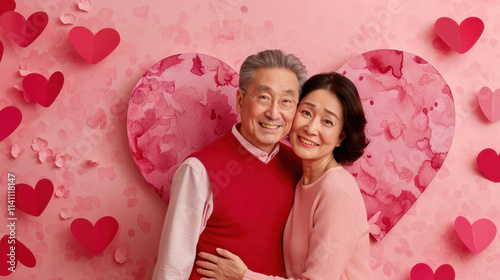 A sweet moment captured of an elderly Asian couple smiling at each other, radiating love and warmth in their eyes.