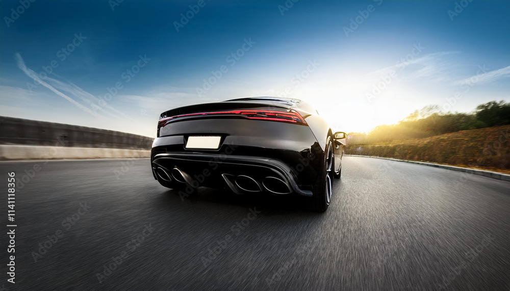 High-End Black Sports Car Viewed from Rear – Nighttime Spotlight High-End Black Sports Car Viewed from Rear – Nighttime Spotlight