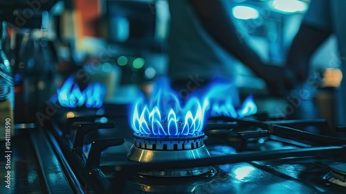 Flames of Blue Gas from Modern Stove Cooking Kitchen Environment photo