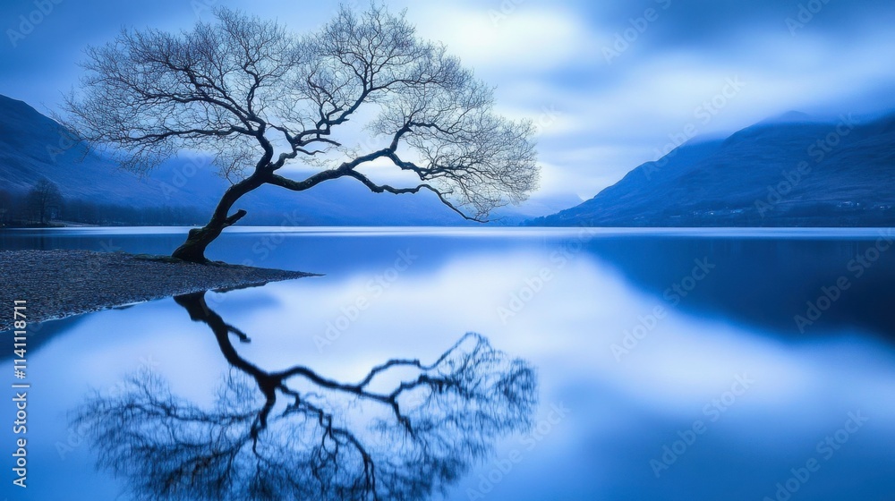 Serene Reflections of a Lonely Tree by a Calm Lake at Dusk Serene Reflections of a Lonely Tree by a Calm Lake at Dusk