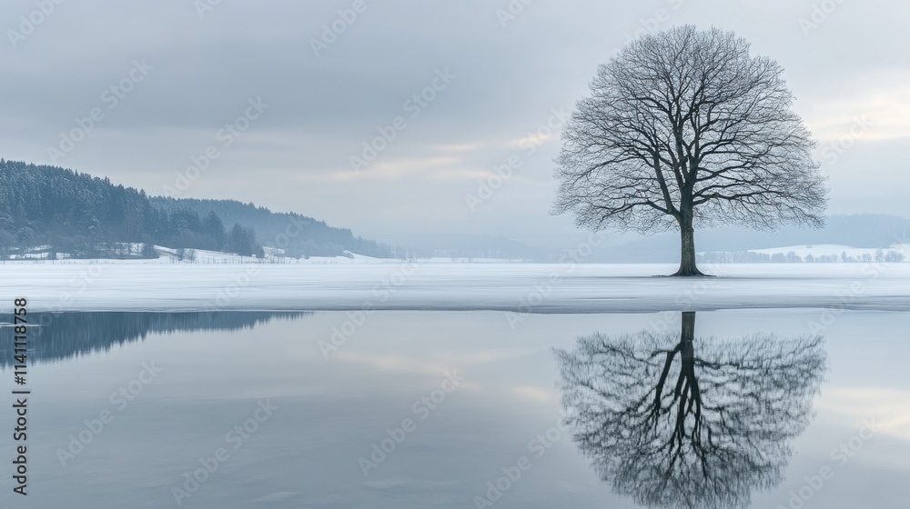 Serene Winter Landscape with Bare Tree and Calm Water Reflection Serene Winter Landscape with Bare Tree and Calm Water Reflection