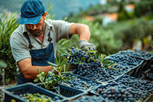 Farmer picks and harvests olives at an olive farm. ,.      photo