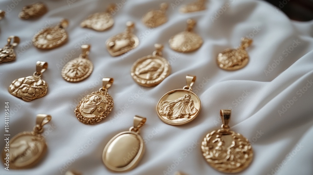 Gold Medals and Pendants Displayed on Soft White Fabric Background Gold Medals and Pendants Displayed on Soft White Fabric Background