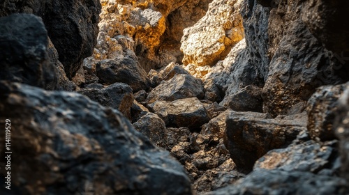 Rocky Crevice with Sunlit Stones and Textured Terrain in Earth