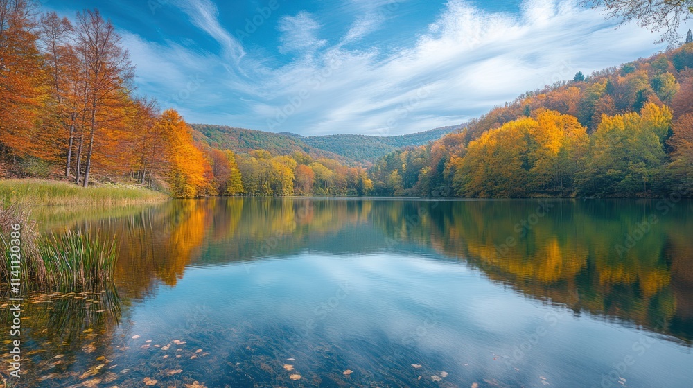 Autumnal Lake Serenity: A Picturesque Reflection of Golden Trees Autumnal Lake Serenity: A Picturesque Reflection of Golden Trees
