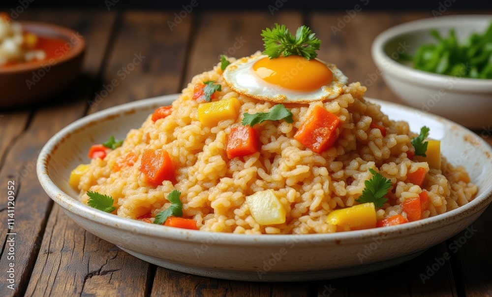 Colorful fried rice topped with egg Colorful fried rice topped with egg