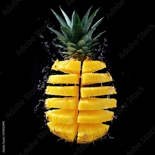 Freshly sliced ripe pineapple with water splashes against a dramatic black background, showcasing its juicy goodness