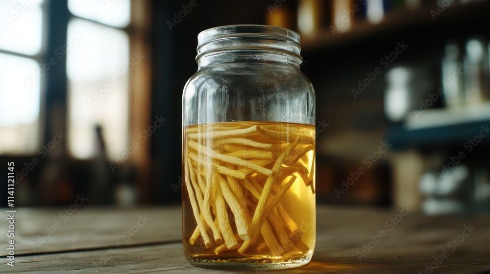 Jar of Crispy Potato Sticks Preserved in Oil on a Wooden Surface Jar of Crispy Potato Sticks Preserved in Oil on a Wooden Surface