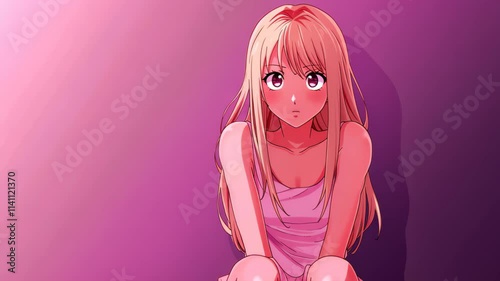 Stunning anime artwork of a shy and emotional girl in tears, set against a gradient color background.