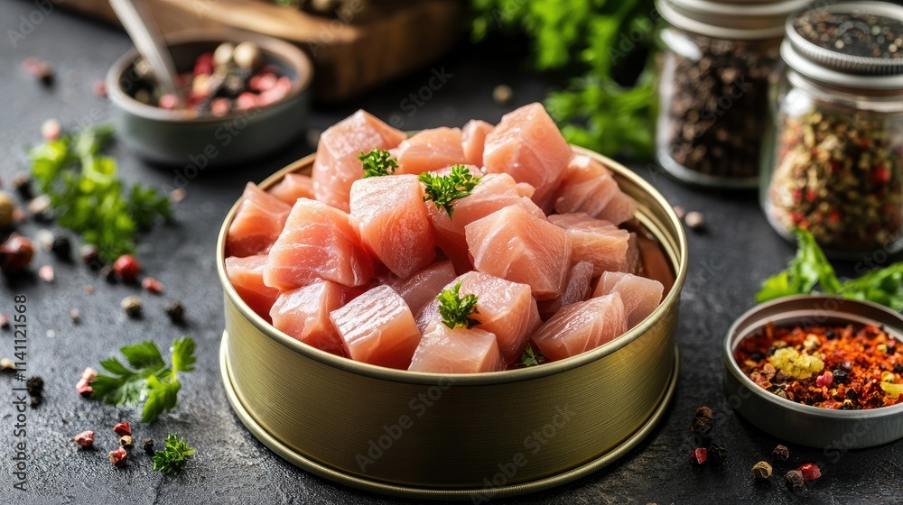 Fresh Raw Cubes of Fish with Herbs and Spices on Dark Background