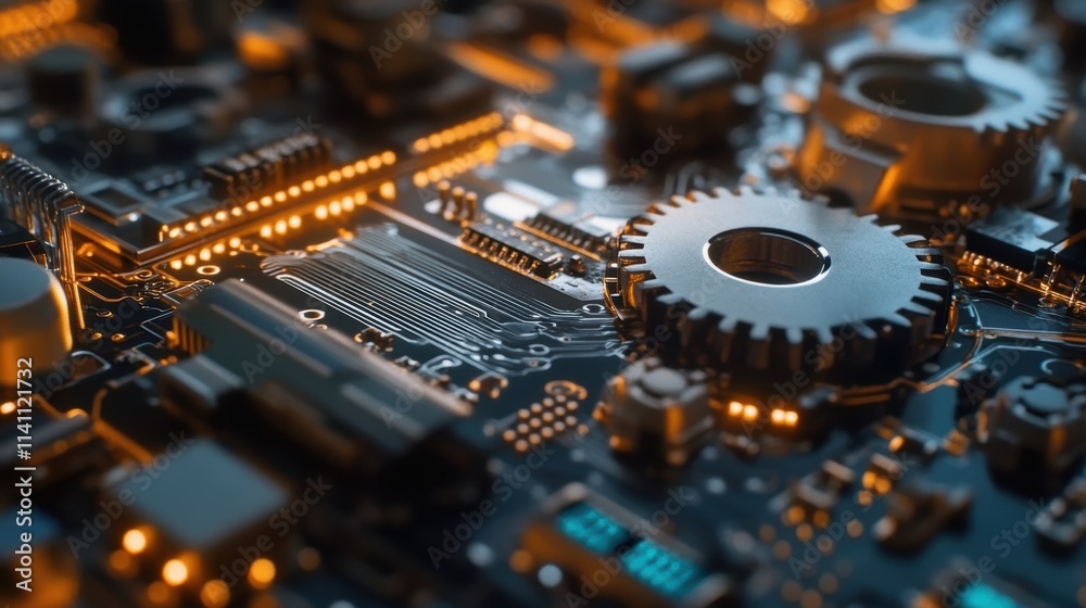 A closeup view of gears and circuitry inside a mechanical device symbolizing the integration of mechanical skills and electronics in coding and robotics education. A closeup view of gears and circuitry inside a mechanical device symbolizing the integration of mechanical skills and electronics in coding and robotics education.