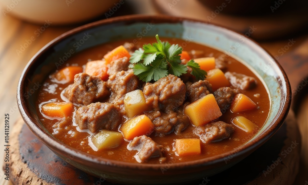 Savory meat and vegetable stew in a bowl Savory meat and vegetable stew in a bowl