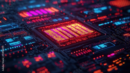 Futuristic Digital Circuit Board with Bright Neon Lights and Colors