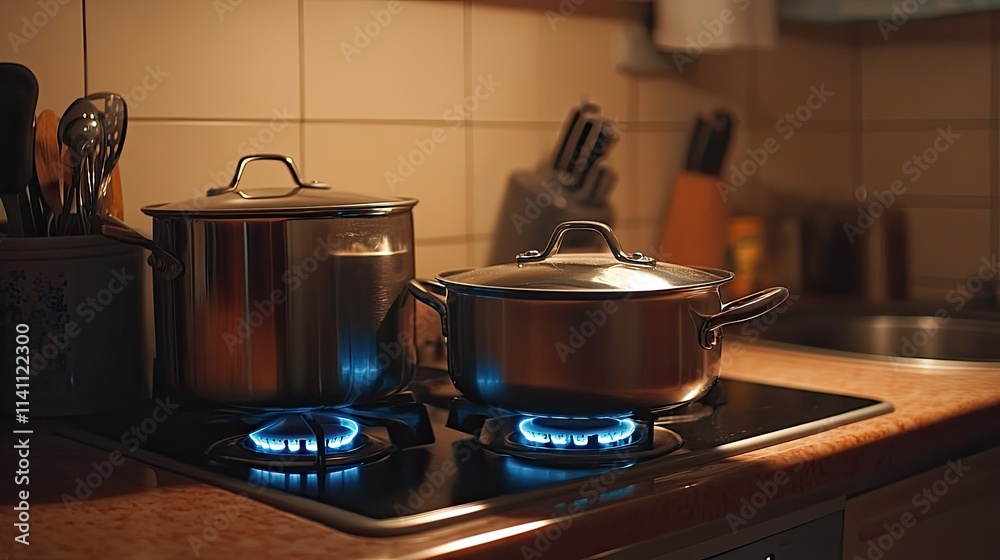 Pots on Stove with Flames in Cozy Kitchen Environment at Night Pots on Stove with Flames in Cozy Kitchen Environment at Night
