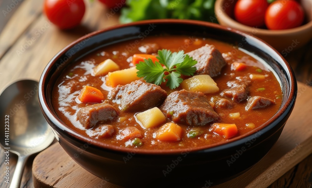 Delicious beef stew in a rustic bowl Delicious beef stew in a rustic bowl