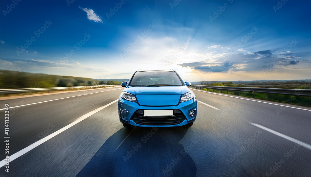 Sleek Metallic Blue SUV in Motion on an Open Highway Sleek Metallic Blue SUV in Motion on an Open Highway