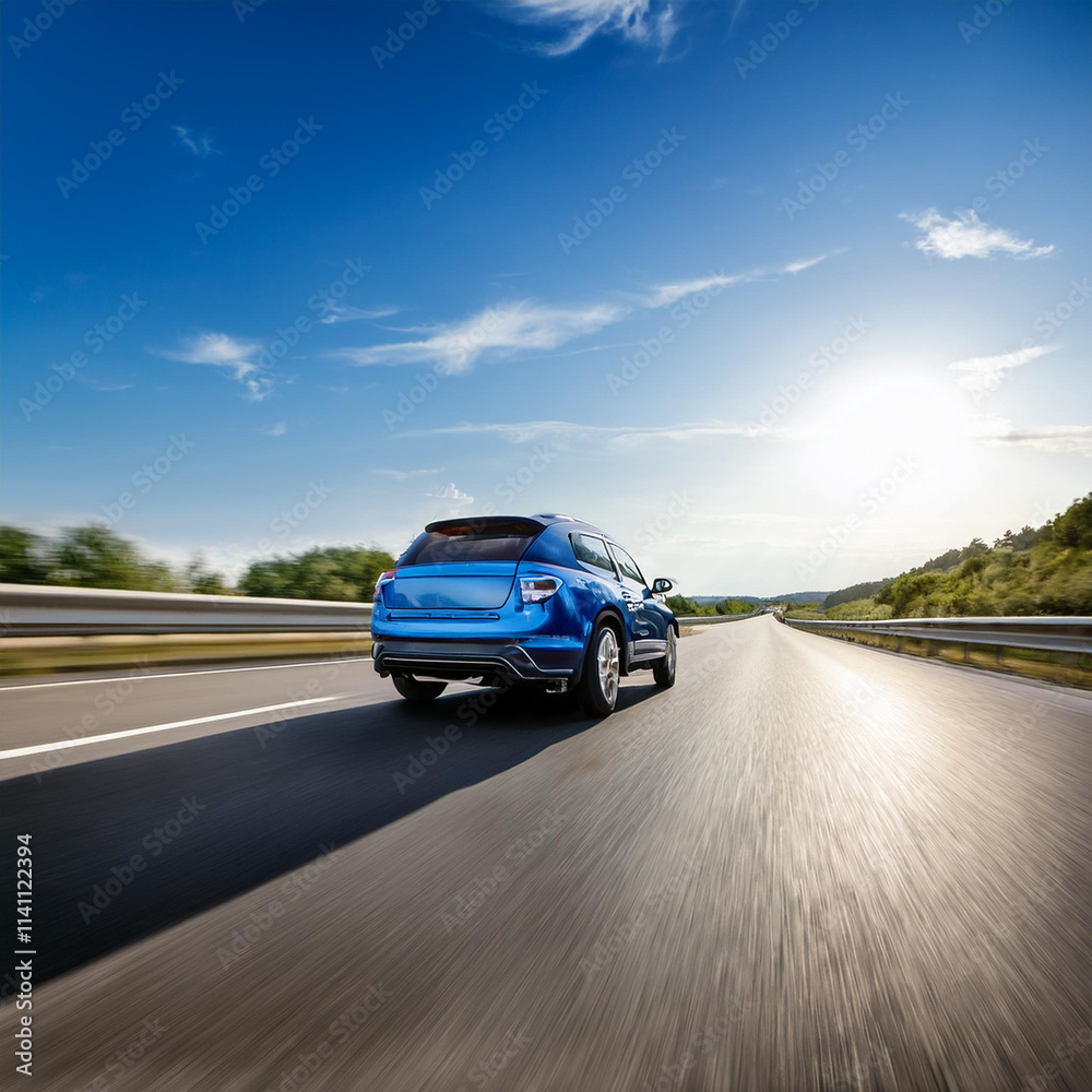 Sleek Metallic Blue SUV Speeding on an Expansive Highway Sleek Metallic Blue SUV Speeding on an Expansive Highway