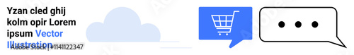 Cloud icon, blue chat bubble with shopping cart, speech bubble with three dots. Ideal for technology, cloud computing, online shopping, communication, digital services, e-commerce. Landing page