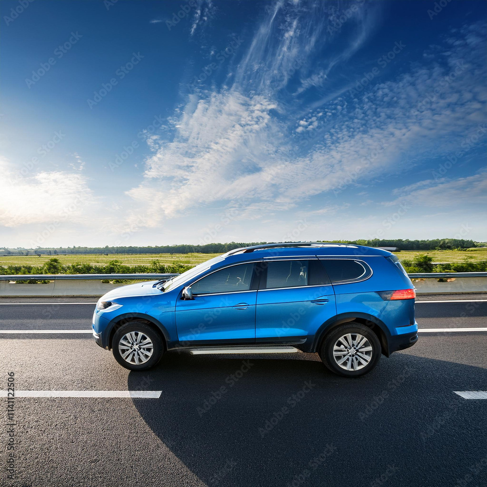 Sleek Metallic Blue SUV Driving on an Open Road Sleek Metallic Blue SUV Driving on an Open Road