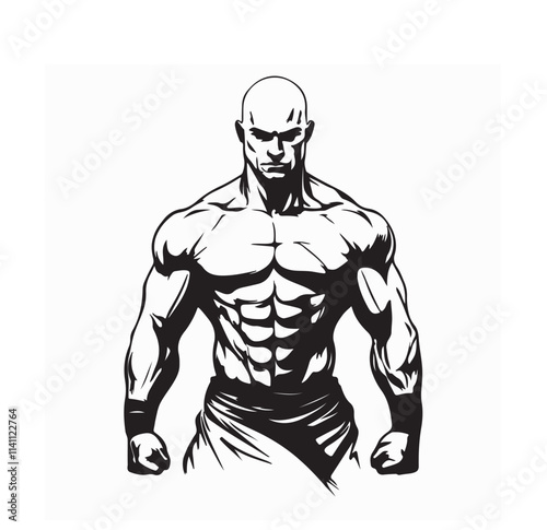 Muscular wrestler image vector. Standing big muscular bald male pro wrestler image vector.