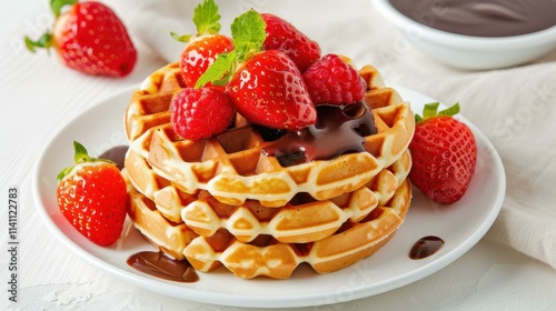 Indulge in fluffy Belgian waffles drizzled with rich chocolate syrup, a delicious treat for any dessert lover.