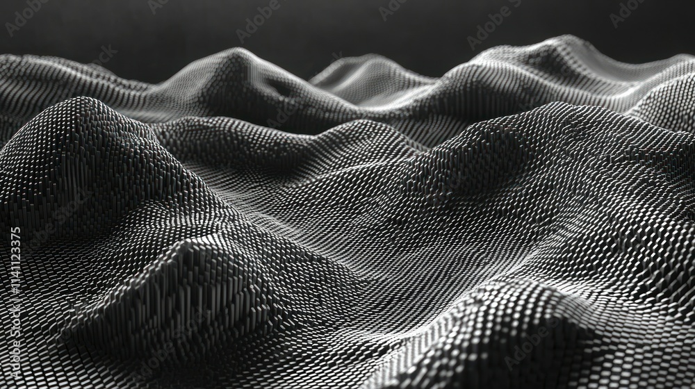 Fototapeta premium Abstract background with waves made of a lot of dark metallic silver cubes geometry primitive forms that goes up and down under black-white lighting. 3D illustration. 3D CG.