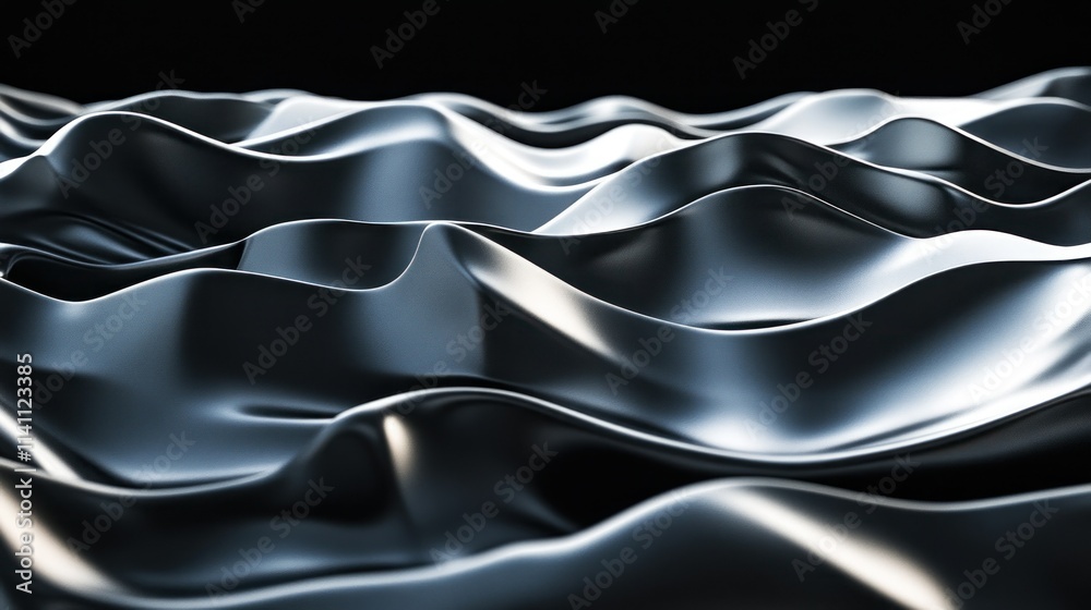 Fototapeta premium Abstract background with waves made of a lot of dark metallic silver cubes geometry primitive forms that goes up and down under black-white lighting. 3D illustration. 3D CG.