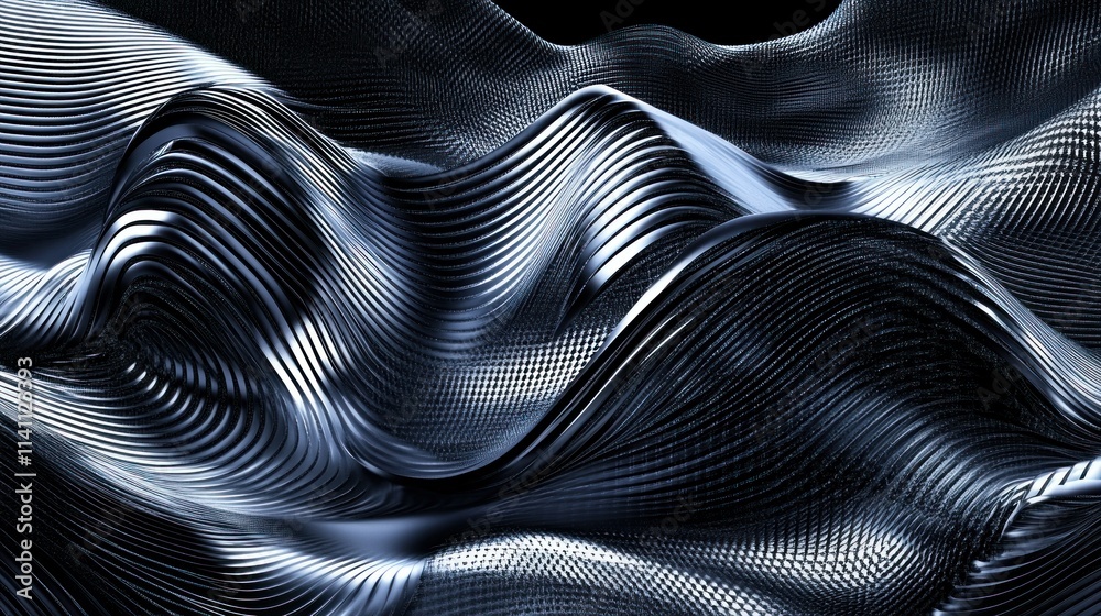 Fototapeta premium Abstract background with waves made of a lot of dark metallic silver cubes geometry primitive forms that goes up and down under black-white lighting. 3D illustration. 3D CG.