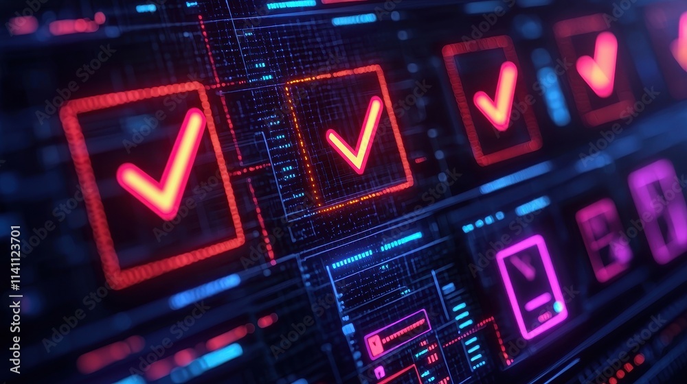 Obraz premium Digital Interface with Neon Check Marks and Colorful Background