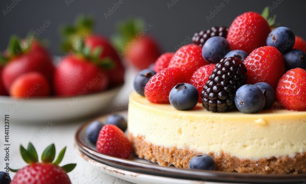 Delicious cheesecake topped with fresh berries Delicious cheesecake topped with fresh berries