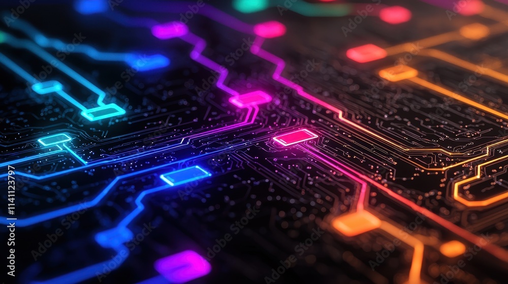 Obraz premium Colorful Abstract Circuit Board Design with Neon Light Effects