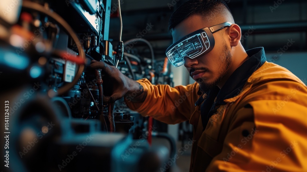 An operator using augmented reality glasses displaying data overlays and instructions while performing maintenance on machinery showcasing realtime support from remote experts. An operator using augmented reality glasses displaying data overlays and instructions while performing maintenance on machinery showcasing realtime support from remote experts.