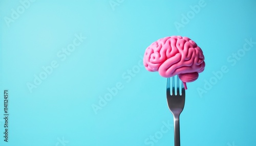 A creative concept featuring a pink brain model on a fork, set against a vibrant blue background, exploring themes of neuroscience, culinary ideas, and abstract thinking.

 photo