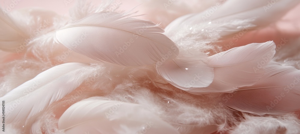 Fototapeta premium Soft and Airy White Feathers on a Pastel Pink Background A Gentle and Dreamy Texture