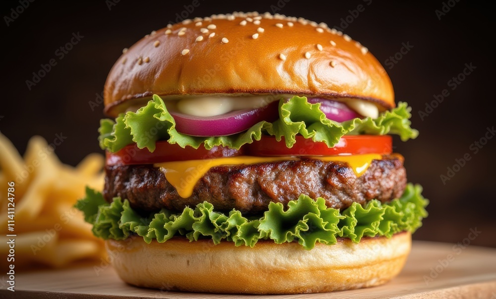 Juicy beef burger with fresh toppings Juicy beef burger with fresh toppings