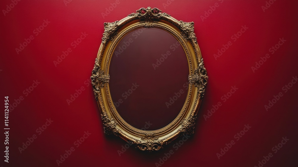 Antique gold oval mirror on a crimson background. Antique gold oval mirror on a crimson background.