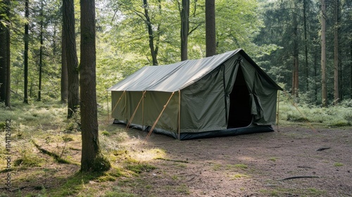 Army green tent pitched in a lush forest setting